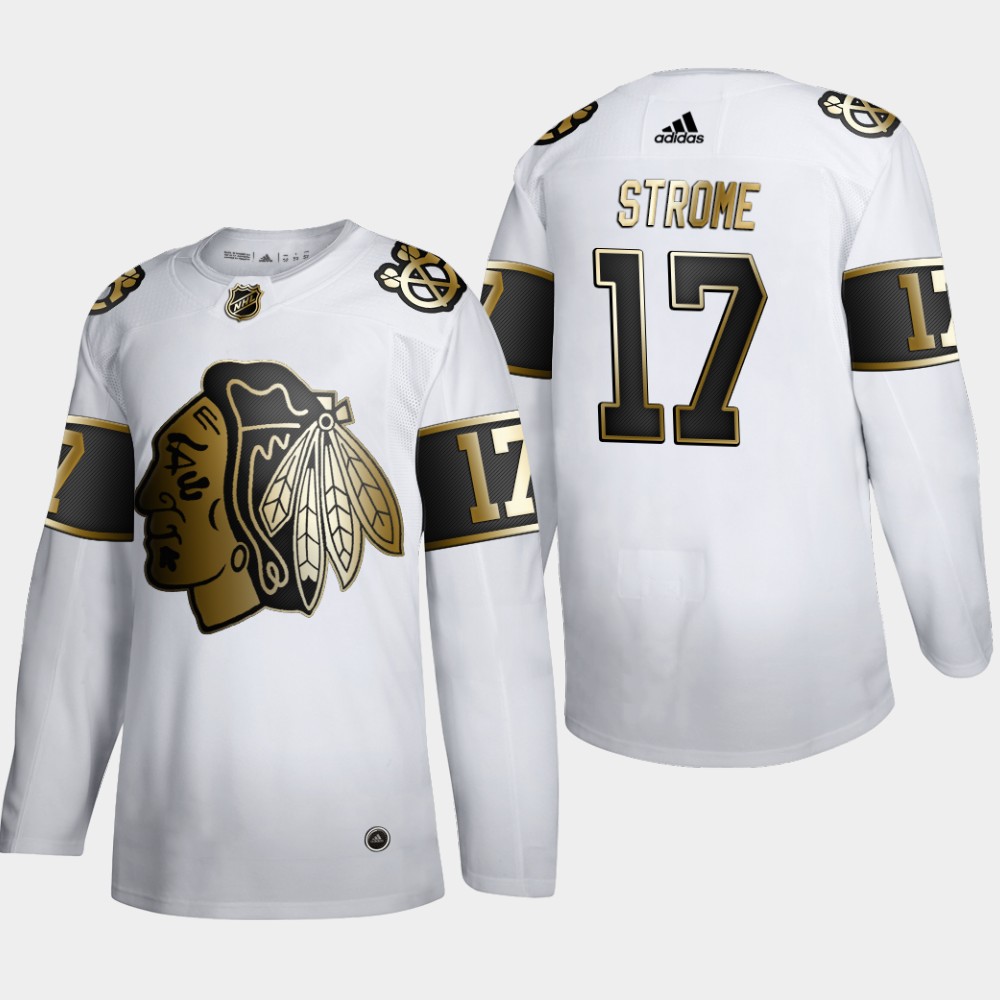 Cheap Chicago Blackhawks 17 Dylan Strome Men Adidas White Golden Edition Limited Stitched NHL Jersey